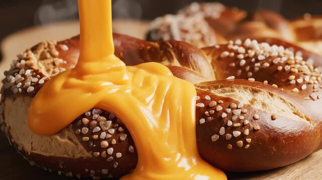 Close up of freshly baked pretzel with cheese sauce