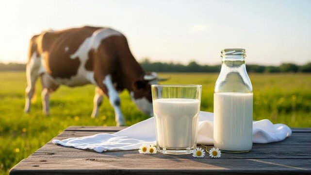 Fresh milk in glass and bottle on wooden table with grazing cow