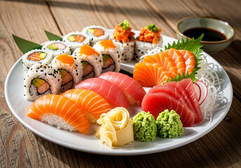 A delicious plate of sushi and sashimi on a wooden table