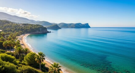 Fototapeta premium Beautiful background of the southern coast of the clear turquoise sea. Tropical summer vacation. AI generated. 