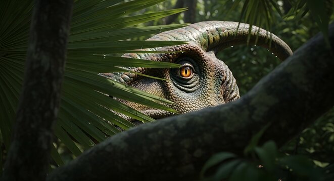 A prehistoric parasaurolophus peers cautiously through the dense forest, showcasing the awe and wonder of the dinosaur world. The image highlights the natural environment.