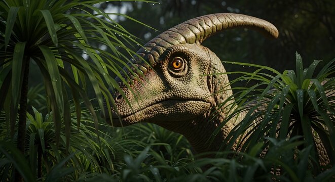 A close-up of a Parasaurolophus, a herbivorous dinosaur, peeking through dense green foliage in its natural habitat