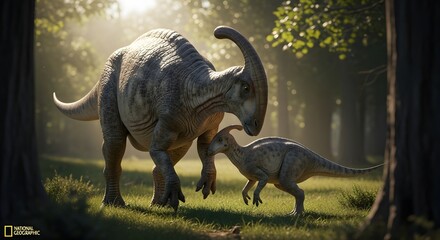 Obraz premium Prehistoric bond: Parasaurolophus and its baby in forest, a scene of prehistoric life.