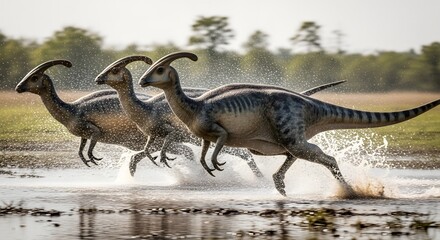 Fototapeta premium Three majestic Parasaurolophus dinosaurs running through water in a prehistoric environment. These dinosaurs showcase their graceful movements and unique crests while splashing water