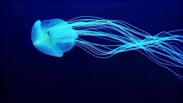 Bioluminescent box jellyfish glowing with electric blue tentacles, slow motion swimming in deep dark ocean water with serene atmosphere