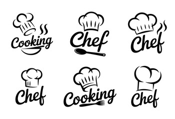 Vector set of chef and cook icons for bakery, restaurant, and bistro branding featuring diverse head chef hats and traditional baker toque caps.