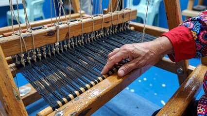 Handcrafted Textile Weaving on Wooden Loom, Skilled Weaver Hand Working Thread and Shuttle to Create Woven Rug Fabric Pattern in Traditional Craft Workshop