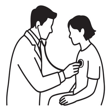 Outline of doctor listening to young patient chest with stethoscope showing physical examination and primary healthcare checkup concept