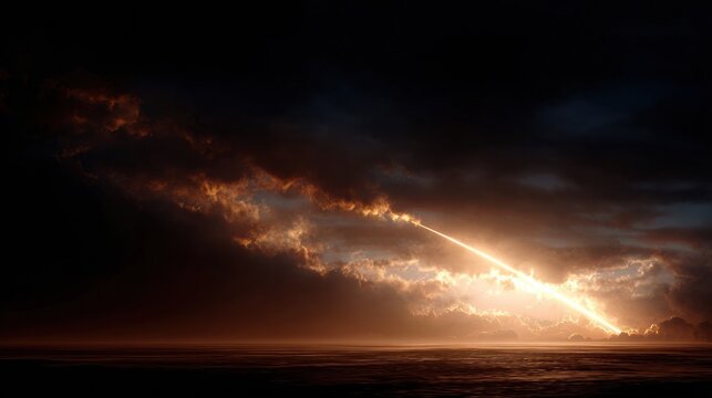 Intercontinental Ballistic Missile Launches at Night With Massive Fire and Smoke Against a Dark Sky Illuminated by Flames