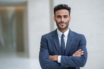 Confident young hispanic male in suit with arms crossed in modern office setting