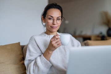 Caucasian female adult enjoying coffee while working remotely at home