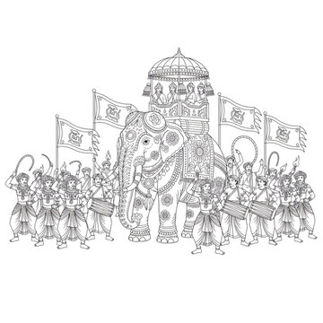 Kandy Perahera parade line art &ndash; Sri Lankan festival illustration