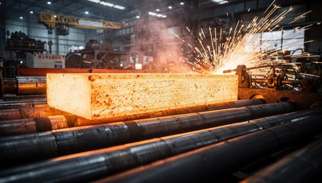 Glowing hot billet moves steadily along industrial rollers the foreground sharp while background machinery blurs highlighting dynamic cutting sparks in a steel factory.