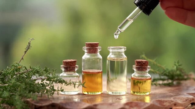 Dropping aromatherapy essential oil into a glass bottle, with fresh thyme plant in the foreground