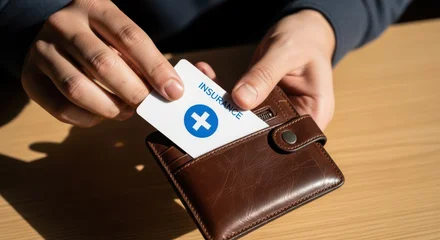 Person pulling insurance card from brown leather wallet © Svyatoslav Lypynskyy