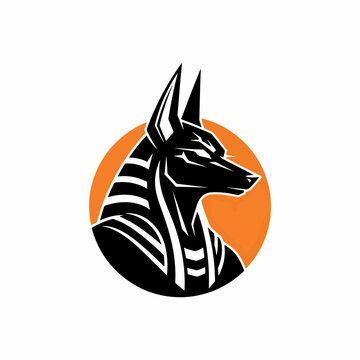 Stylized graphic illustration of a mythical jackal-headed deity in profile against an orange circle