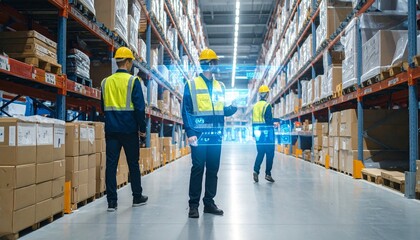 Obraz premium Workers with tablets manage inventory in a digital warehouse…