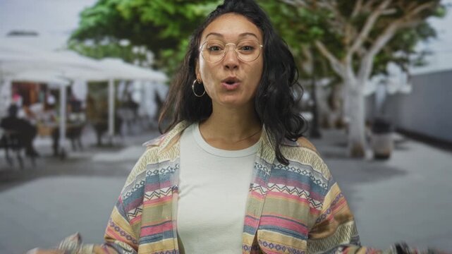 Woman gesturing with open palms and smiling on a busy city street wearing round glasses and a patterned jacket; playful warmth.