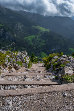 Rustic wooden steps on a mountain trail leading down to emerald meadows and forests