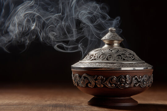 Luxury incense burner with smoke, traditional silver censer for oud and bakhoor aromatherap