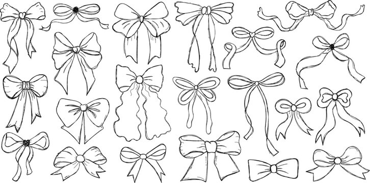 Trendy Hand Drawn Bow Doodle Set. Cute Ribbon Sketch Collection, Coquette Aesthetic Vector Elements
