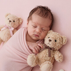 hyperrealistic, newborn baby girl peacefully sleeping next to her teddy bear in a cozy pink setting
