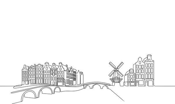 Amsterdam Netherlands City Skyline Monoline Vector Background