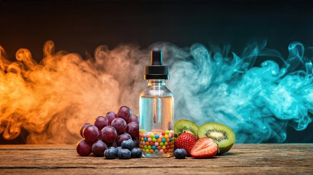 Colorful vape juice bottle surrounded by fresh fruits like grapes, strawberries, and kiwi, with vibrant smoke clouds in orange and blue, creating a dynamic and enticing atmosphere