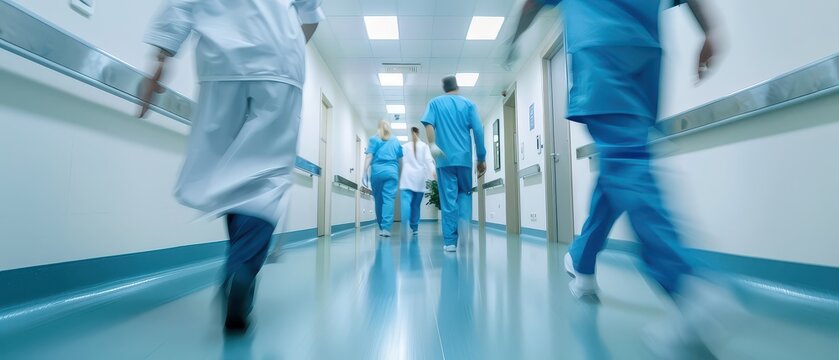 Medical staff in motion walking through a hospital corridor. Editorial documentary style scene representing healthcare workflow, emergency response, teamwork, and modern clinical environment.