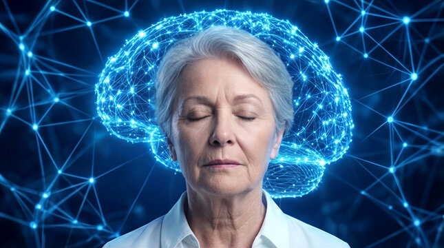 Thinking senior woman with eyes closed and glowing blue brain neural network overlay. Cognitive health and mental clarity concept for aging population.