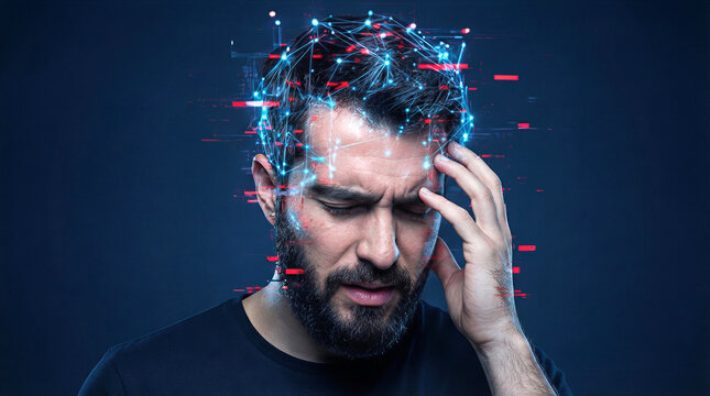 Bearded man suffering from migraine with glowing digital neural network visualization around head. Headache and mental health concept.