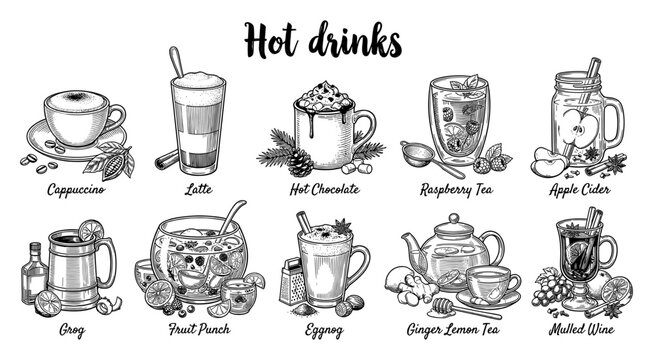 Hot drink collection with cappuccino latte and mulled wine