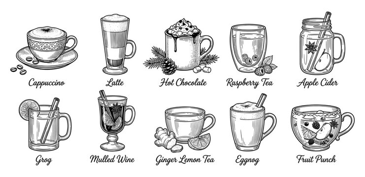 Hot drink collection with cappuccino latte and mulled wine