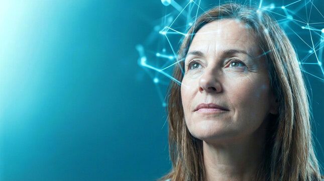 Middle-aged woman with digital neural network overlay around her head. Concept of artificial intelligence and cognitive computing.