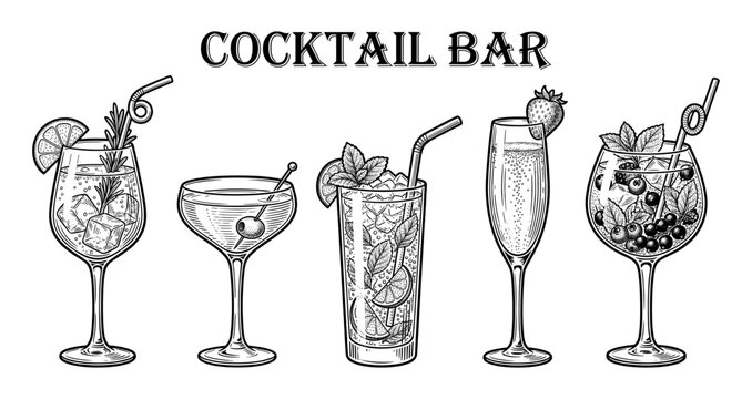 Cocktail bar drink set with mojito margarita and spritz