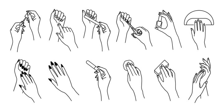 Manicure and nail care line art set with lamp