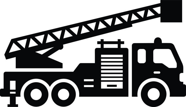 Black and white silhouette of fire truck with extendable ladder, emergency vehicle vector artwork