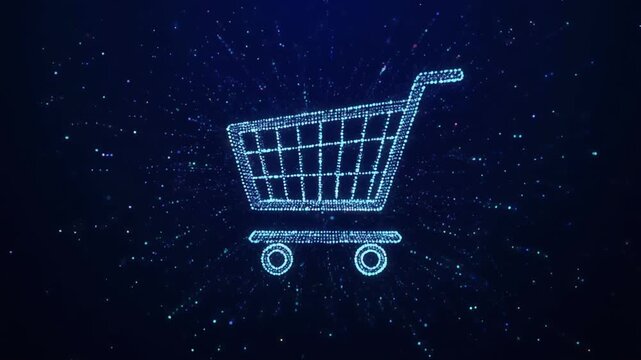 Minimal abstract shopping cart formed from glowing digital particles on a dark navy background, symbolizing modern e-commerce, data flow, and digital purchasing systems.
