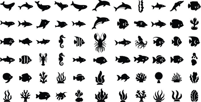 Marine Life Silhouette Collection Featuring Fish, Dolphin, Whale, Seahorse, Squid, Lobster, Coral, Seaweed, and Ocean Creatures