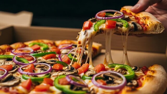 Mouthwatering pizza slice being lifted with extreme cheese pull and toppings