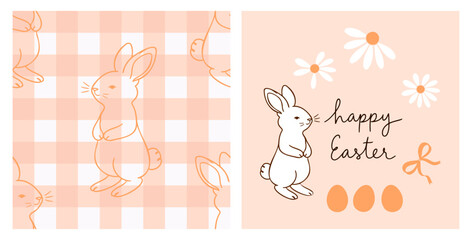 Easter bunny illustration with gingham pattern, daisy flowers and happy easter lettering.
