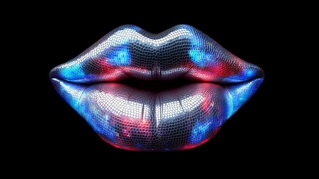 Close-up of lips covered in reflective disco tiles with colorful lights, creating a vibrant and futuristic appearance against a black background. 
