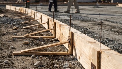 Obraz premium Medium shot capturing wooden forms carefully aligned for concrete curb shaping sharply focused forms contrasting with indistinct workers in the background.