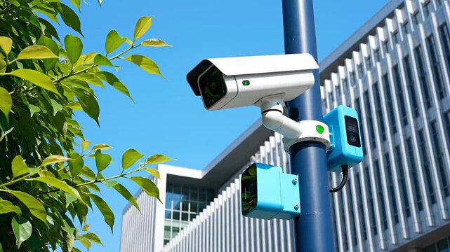 Security camera and sensor on pole near modern building
