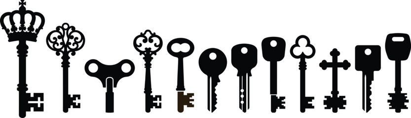 Silhouette icon set of thirteen unique key designs from antique to modern styles for security and design visuals