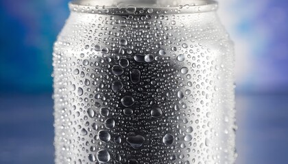 Cold aluminum beverage can with condensation on a blue background.