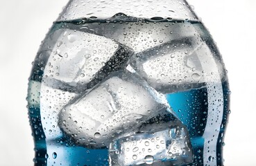 Condensation on cold bottle with ice and blue liquid.