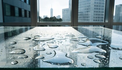 Water droplets on glass table in modern corporate office.