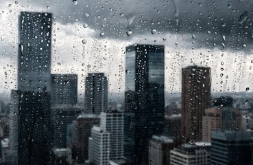 Raindrops on an office window with blurred city skyline.