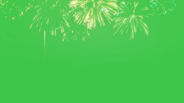Golden fireworks sequence with multiple radial bursts on green screen, realistic celebratory pyrotechnics for chroma key copy space video editing, horizontal.